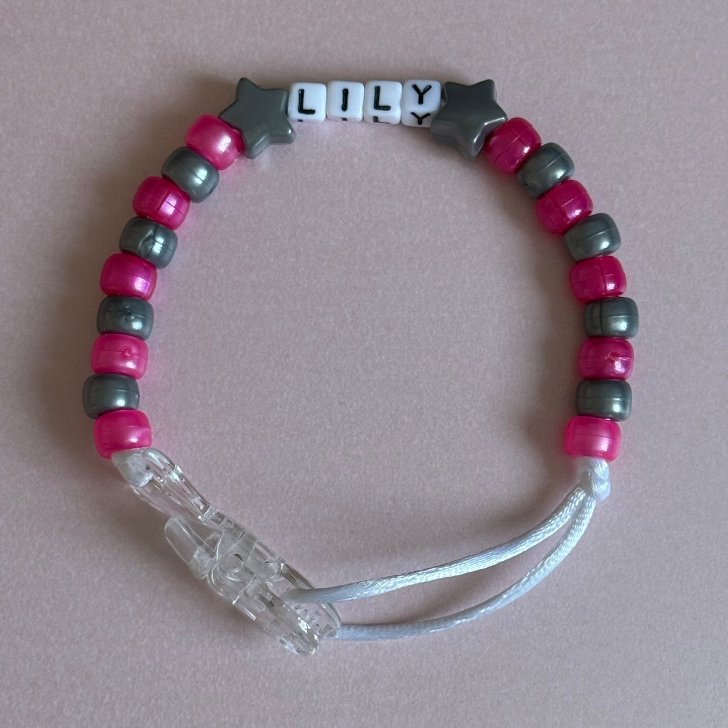Silver Stars/Hearts Pearl Dark Pink & Silver Beads Personalised Reborn Dummy Clip