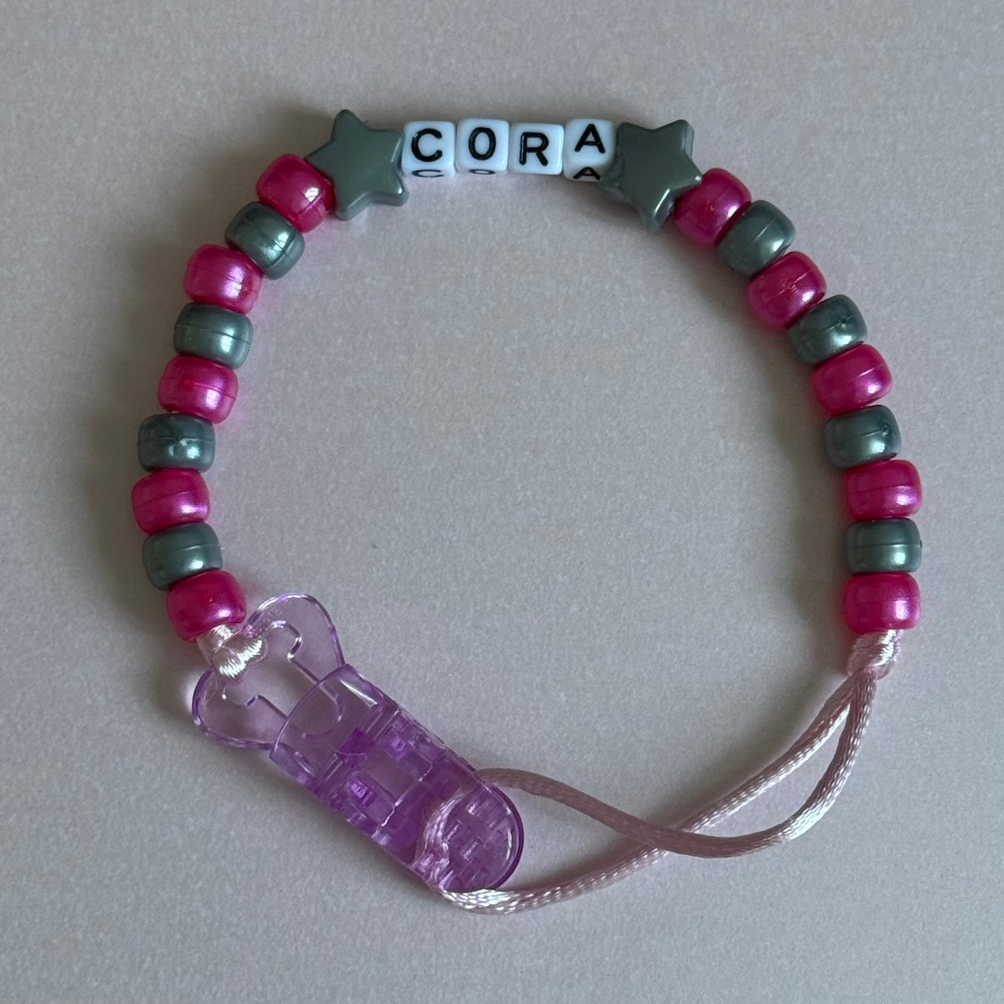 Silver Stars/Hearts Pearl Dark Pink & Silver Beads Personalised Reborn Dummy Clip