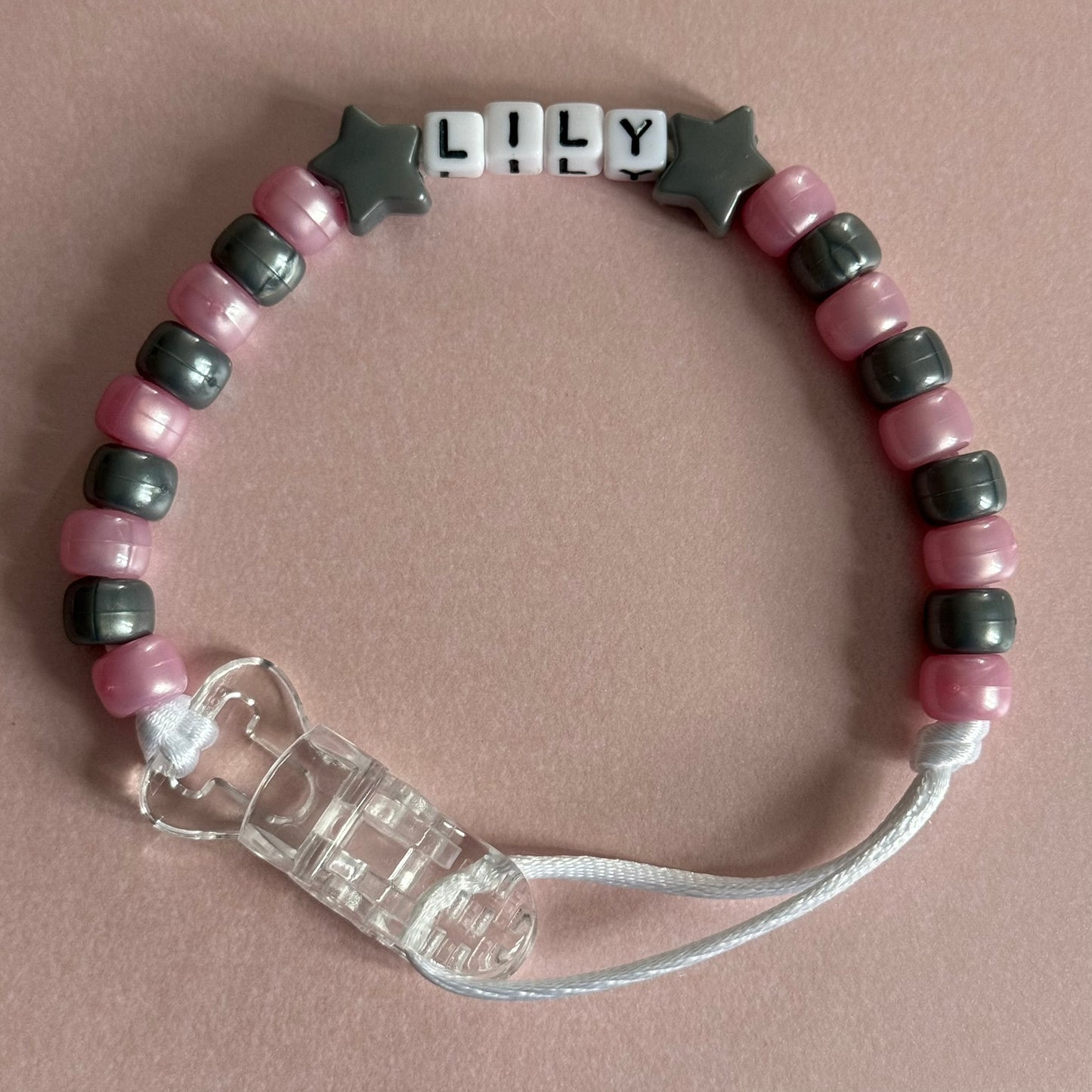 Silver Stars/Hearts Pearl Pink & Silver Beads Personalised Reborn Dummy Clip