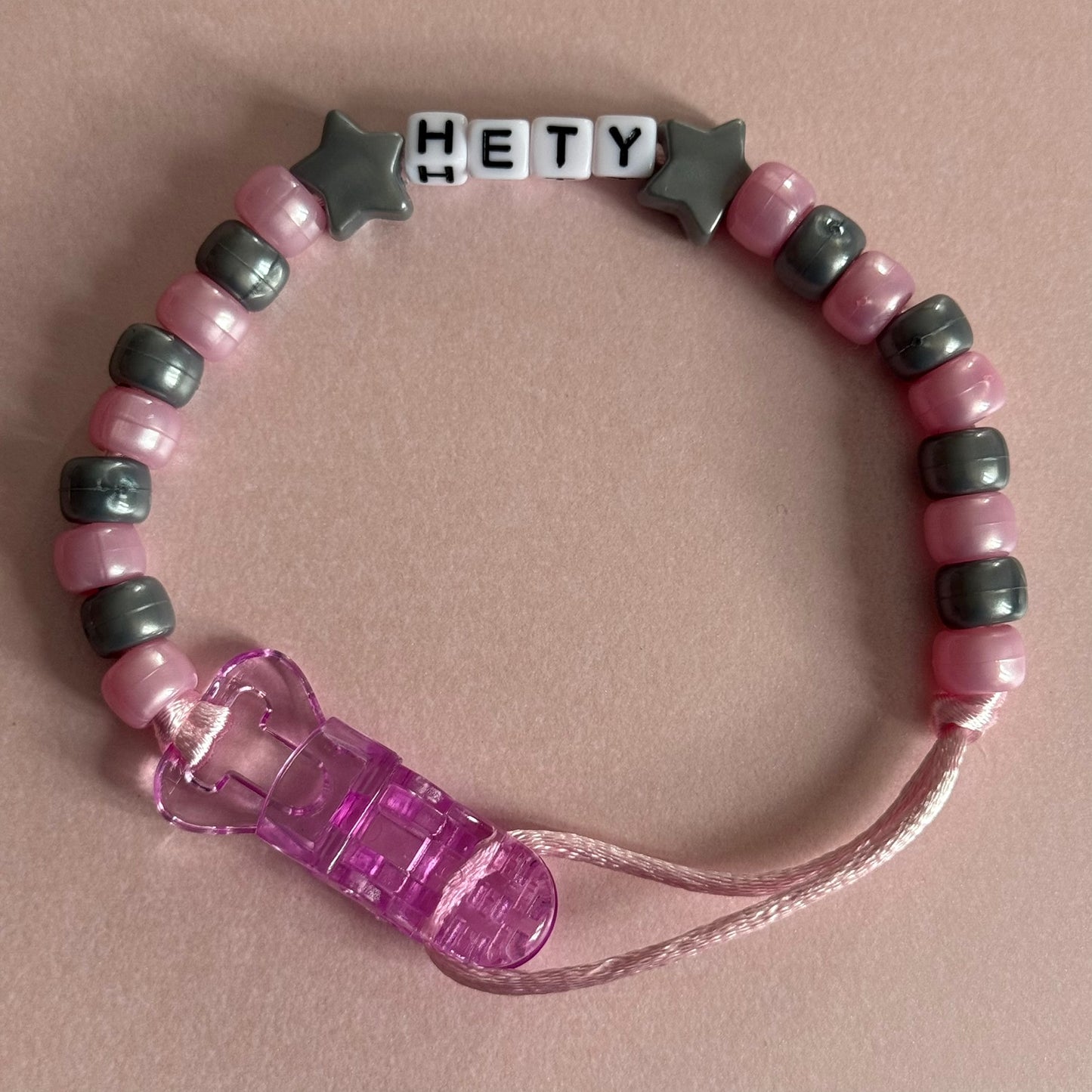 Silver Stars/Hearts Pearl Pink & Silver Beads Personalised Reborn Dummy Clip