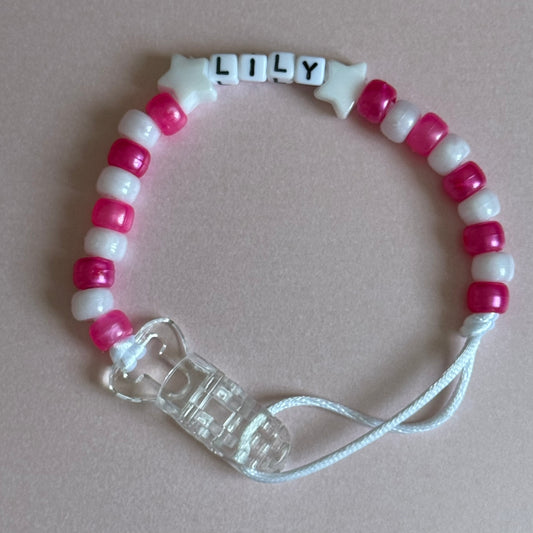 Personalised Reborn Dummy Clip: White Stars Pearl Dark Pink & White Beads