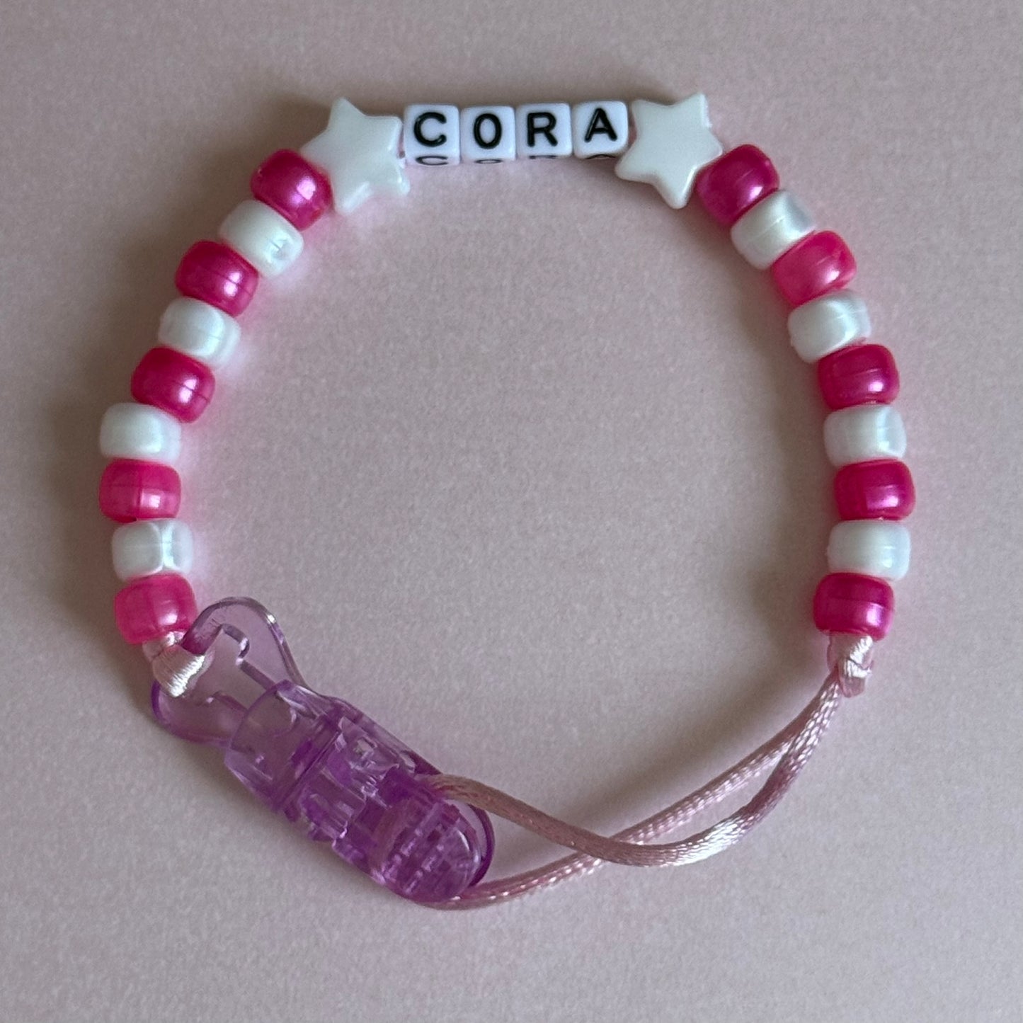 White Stars Pearl Dark Pink & White Beads Personalised Reborn Dummy Clip