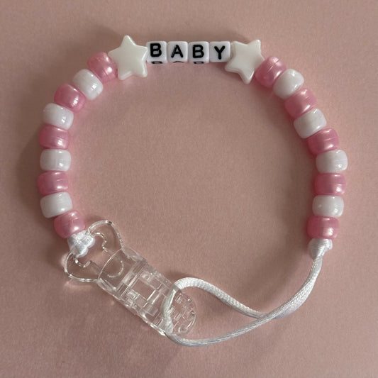 Personalised Reborn Dummy Clip: White Stars Pearl Pink & White Beads