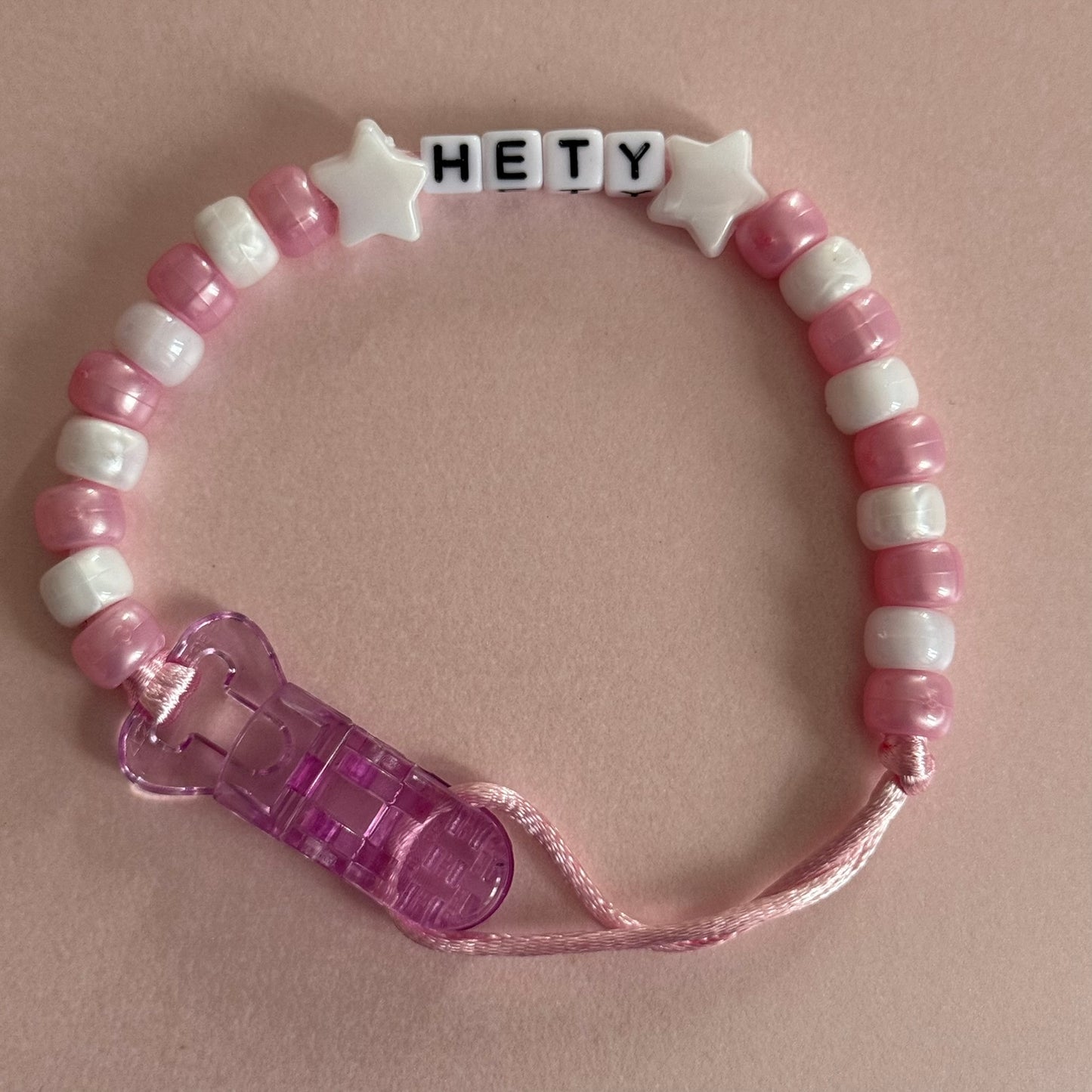 White Stars Pearl Pink & White Beads Personalised Reborn Dummy Clip
