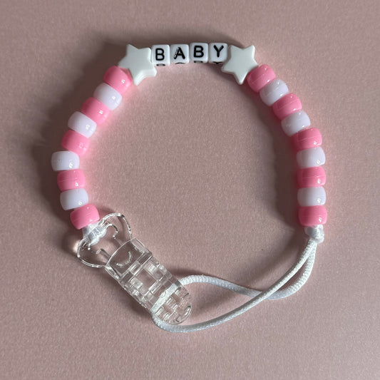 Personalised Reborn Dummy Clip: White Stars Pink & White Beads