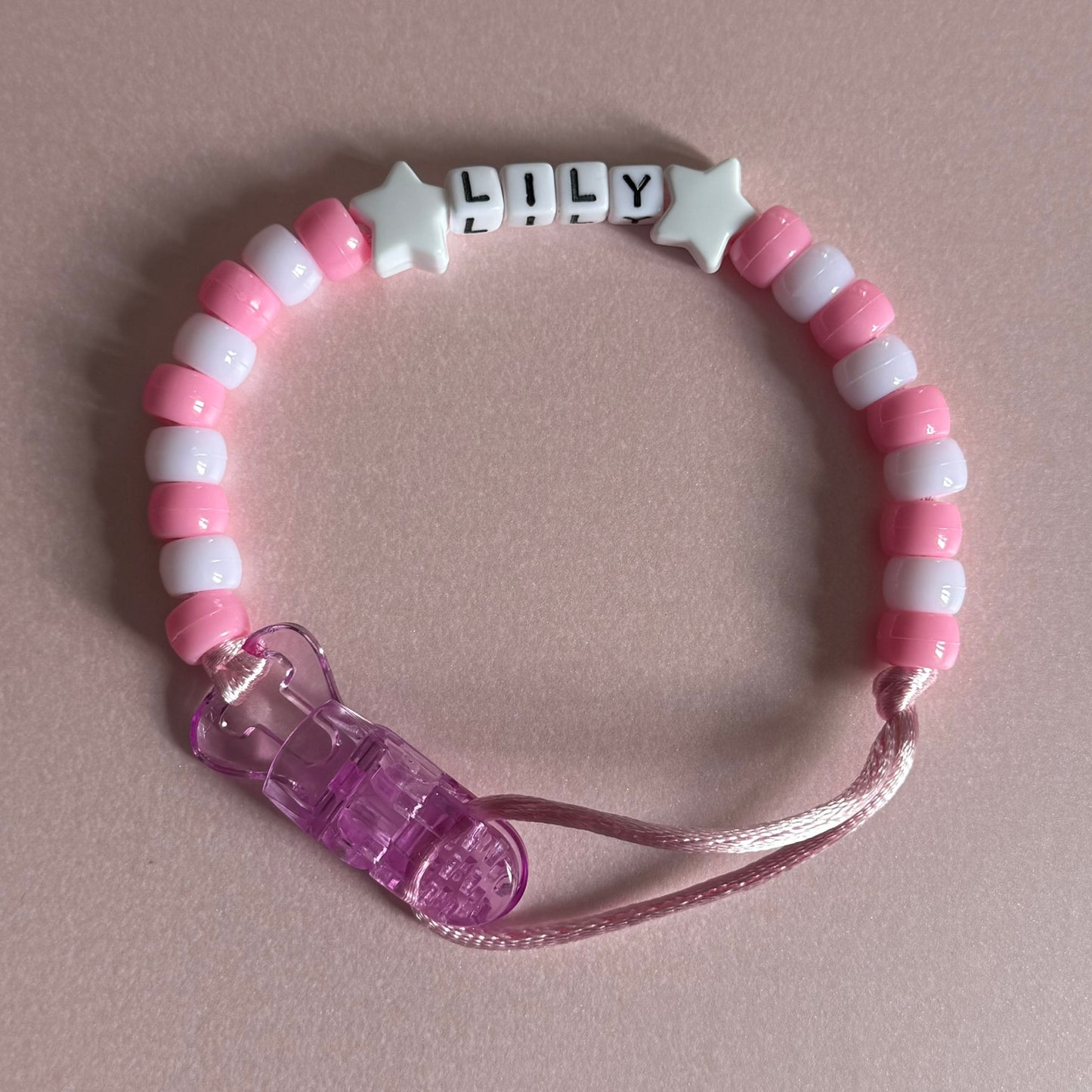 White Stars Pink & White Beads Personalised Reborn Dummy Clip