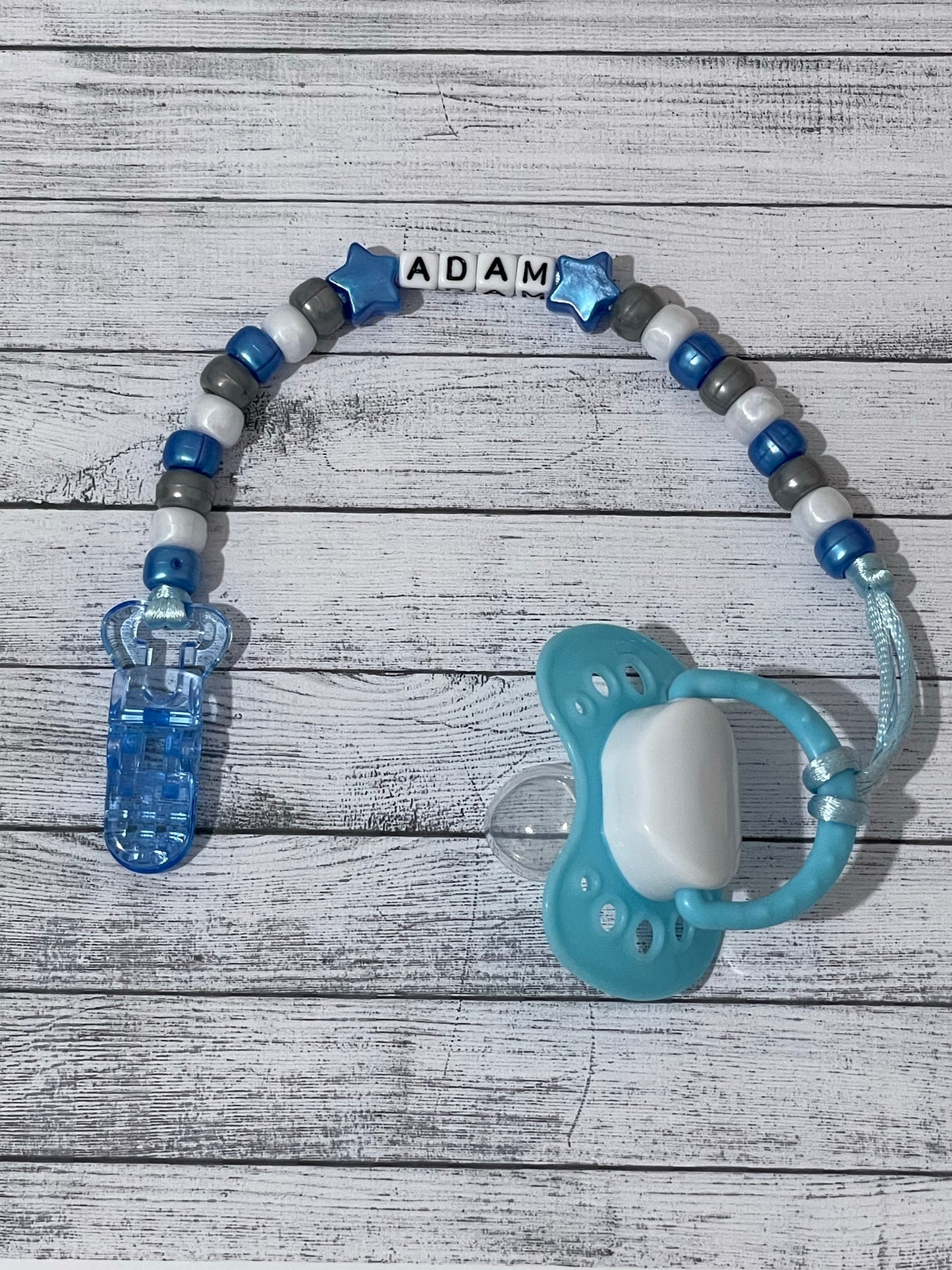 Blue, Silver & White Personalised Reborn Dummy Clip 07