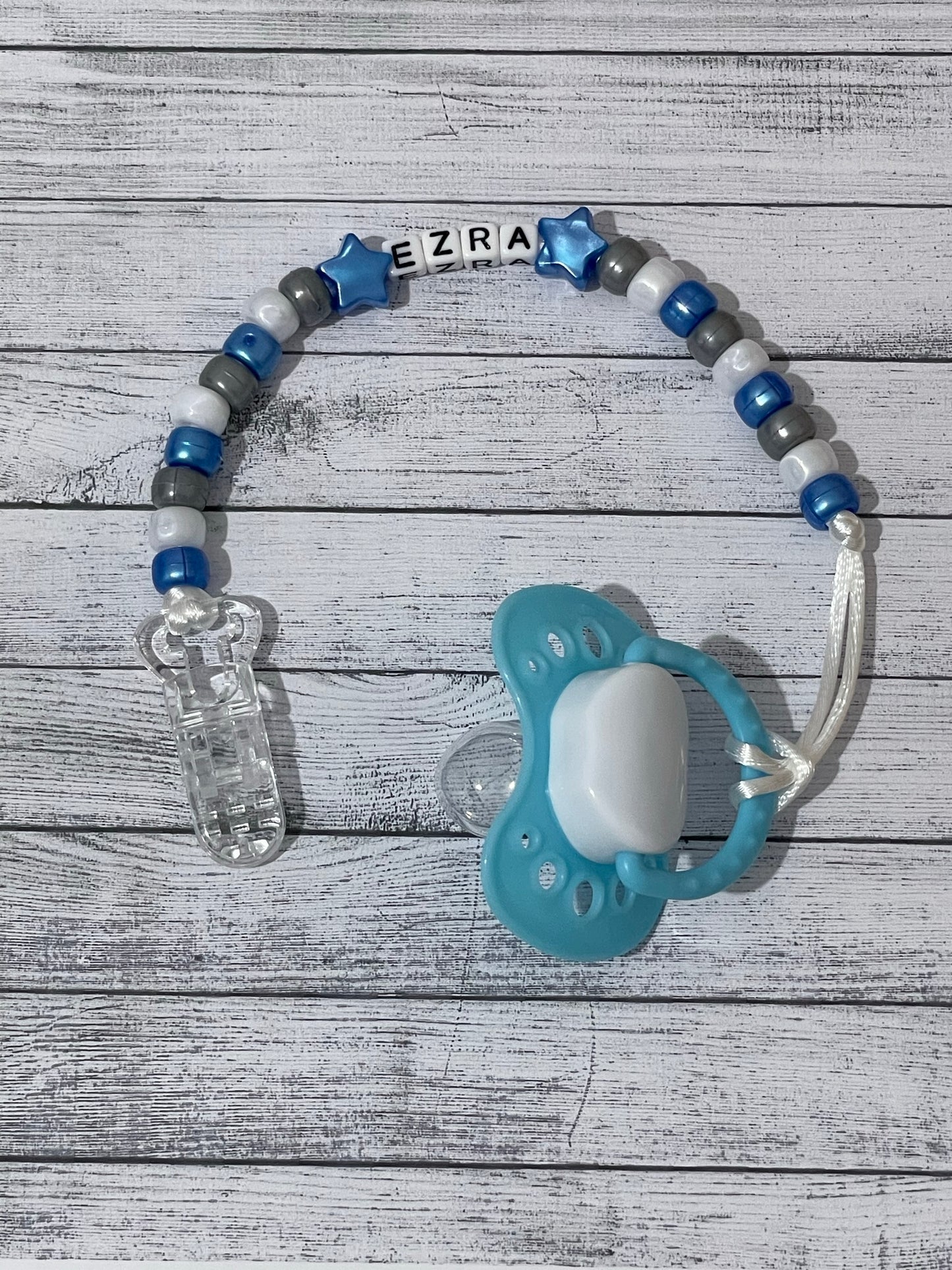 Blue, Silver & White Personalised Reborn Dummy Clip 07