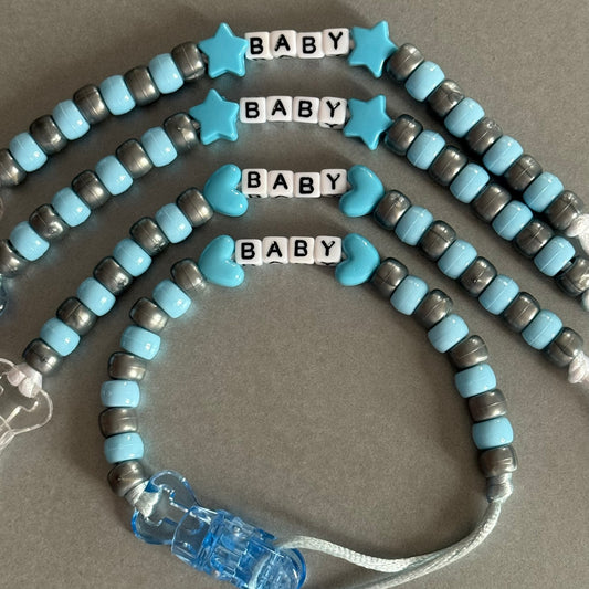 Personalised Reborn Dummy Clip: Blue Stars/Hearts Blue & Silver Beads
