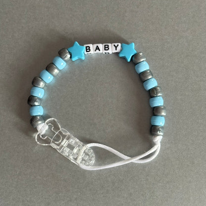 Personalised Reborn Dummy Clip: Blue Stars/Hearts Blue & Silver Beads