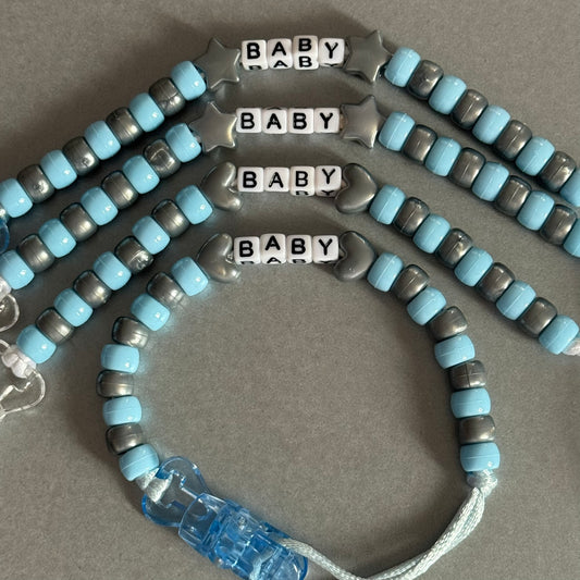 Personalised Reborn Dummy Clip: Silver Stars/Hearts Blue & Silver Beads