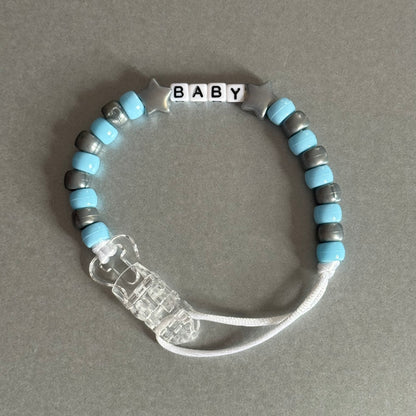 Personalised Reborn Dummy Clip: Silver Stars/Hearts Blue & Silver Beads