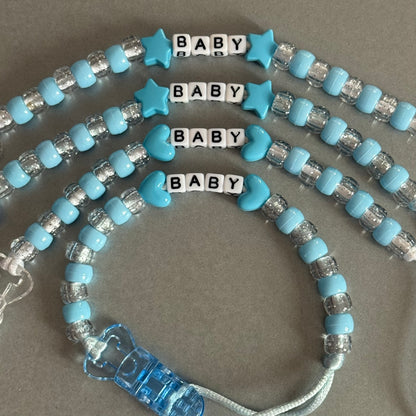 Personalised Reborn Dummy Clip: Blue Stars/Hearts Blue & Glitter Beads