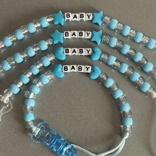 Personalised Reborn Dummy Clip: Blue Stars/Hearts Blue & Glitter Beads