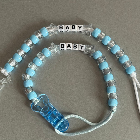 Personalised Reborn Dummy Clip: Glitter Stars Blue & Glitter Beads