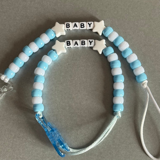 Personalised Reborn Dummy Clip: White Stars Blue & White Beads