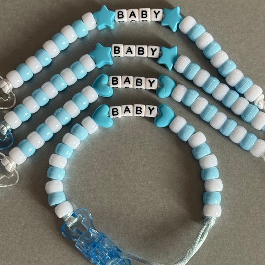 Personalised Reborn Dummy Clip: Blue Stars/Hearts Blue & White Beads