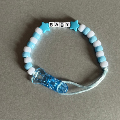 Personalised Reborn Dummy Clip: Blue Stars/Hearts Blue & White Beads