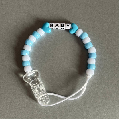 Personalised Reborn Dummy Clip: Blue Stars/Hearts Blue & White Beads