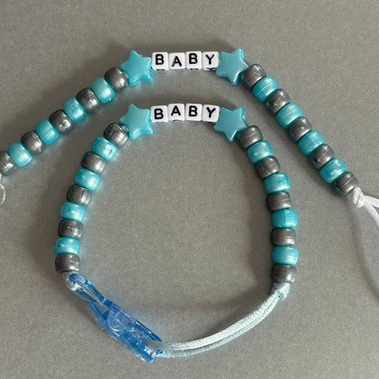 Personalised Reborn Dummy Clip: Pearl Blue Stars Pearl Blue & Silver Beads