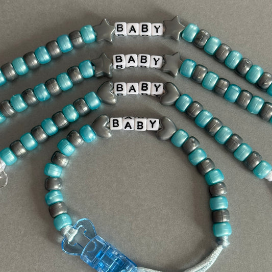 Personalised Reborn Dummy Clip: Silver Stars/Hearts Pearl Blue & Silver Beads
