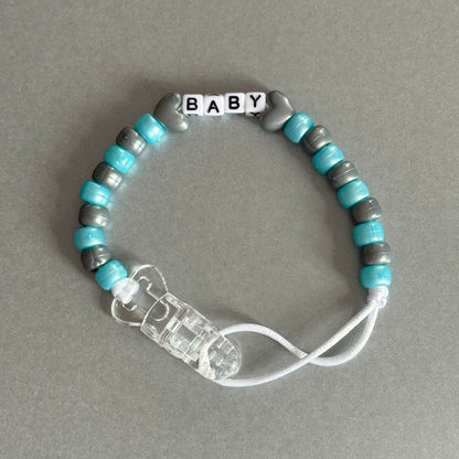 Personalised Reborn Dummy Clip: Silver Stars/Hearts Pearl Blue & Silver Beads