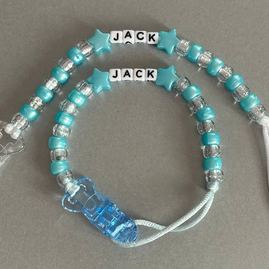 Personalised Reborn Dummy Clip: Pearl Blue Stars/Hearts Pearl Blue & Glitter Beads