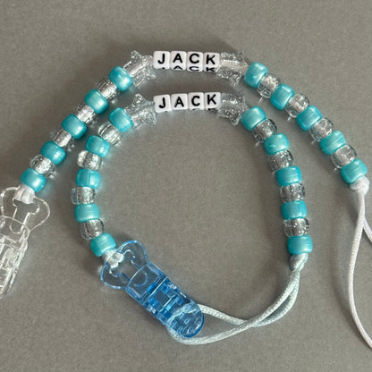 Personalised Reborn Dummy Clip: Glitter Stars Pearl Blue & Glitter Beads