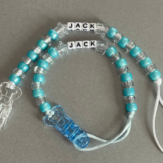 Personalised Reborn Dummy Clip: Glitter Stars Pearl Blue & Glitter Beads
