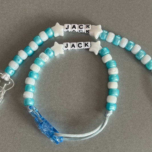 Personalised Reborn Dummy Clip: White Stars Pearl Blue & White Beads