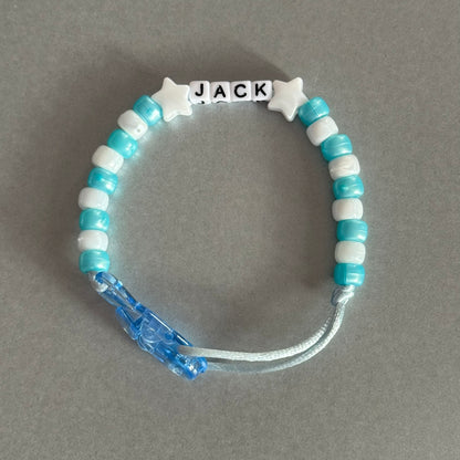 Personalised Reborn Dummy Clip: White Stars Pearl Blue & White Beads