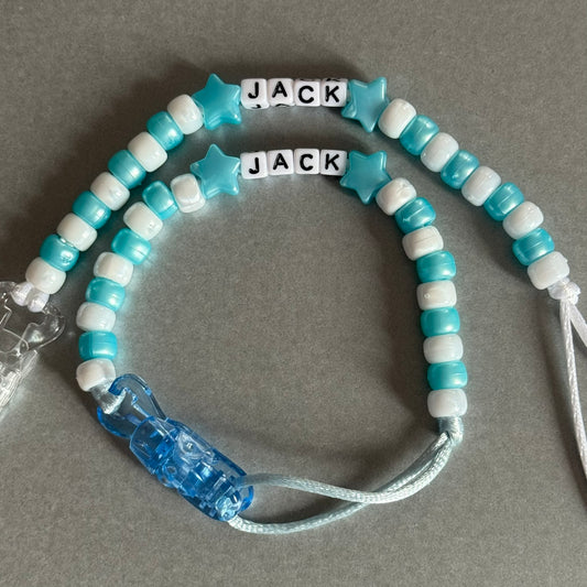 Personalised Reborn Dummy Clip: Pearl Blue Stars/Hearts Blue & White Beads