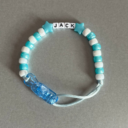 Personalised Reborn Dummy Clip: Pearl Blue Stars/Hearts Blue & White Beads