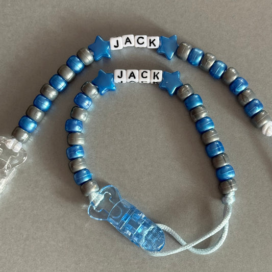 Personalised Reborn Dummy Clip: Pearl Dark Blue Stars/Hearts Pearl Dark Blue & Silver Beads