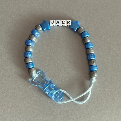 Personalised Reborn Dummy Clip: Pearl Dark Blue Stars/Hearts Pearl Dark Blue & Silver Beads