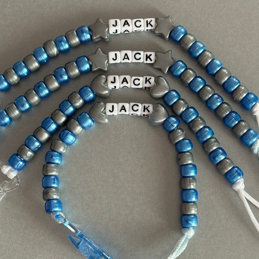 Personalised Reborn Dummy Clip: Silver Stars/Hearts Pearl Dark Blue & Silver Beads