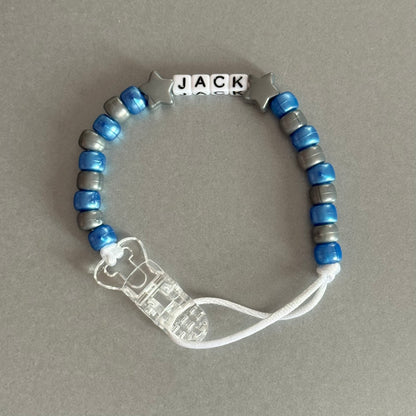 Personalised Reborn Dummy Clip: Silver Stars/Hearts Pearl Dark Blue & Silver Beads