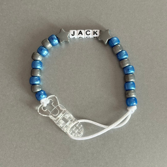 Personalised Reborn Dummy Clip: Silver Stars/Hearts Pearl Dark Blue & Silver Beads