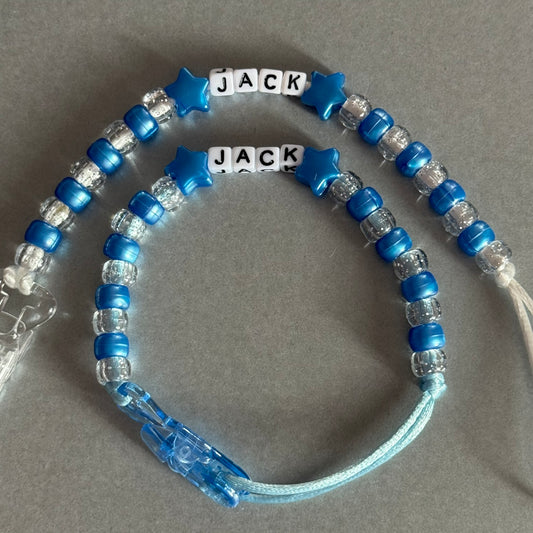 Personalised Reborn Dummy Clip: Pearl Dark Blue Stars/Hearts Pearl Dark Blue & Glitter Beads