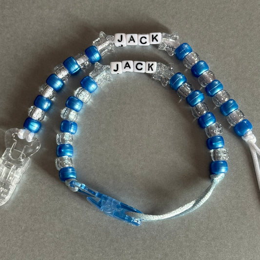 Personalised Reborn Dummy Clip: Glitter Stars Pearl Dark Blue & Glitter Beads