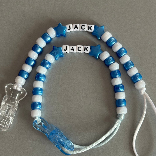 Personalised Reborn Dummy Clip: Dark Blue Stars/Hearts Blue & White Beads