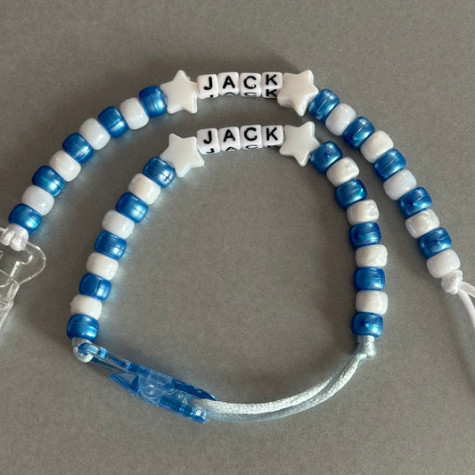 Personalised Reborn Dummy Clip: White Stars Pearl Dark Blue & White Beads