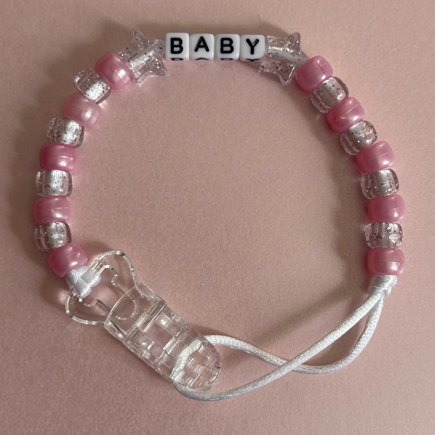 Glitter Stars Pearl Pink & Glitter Beads Personalised Reborn Dummy Clip