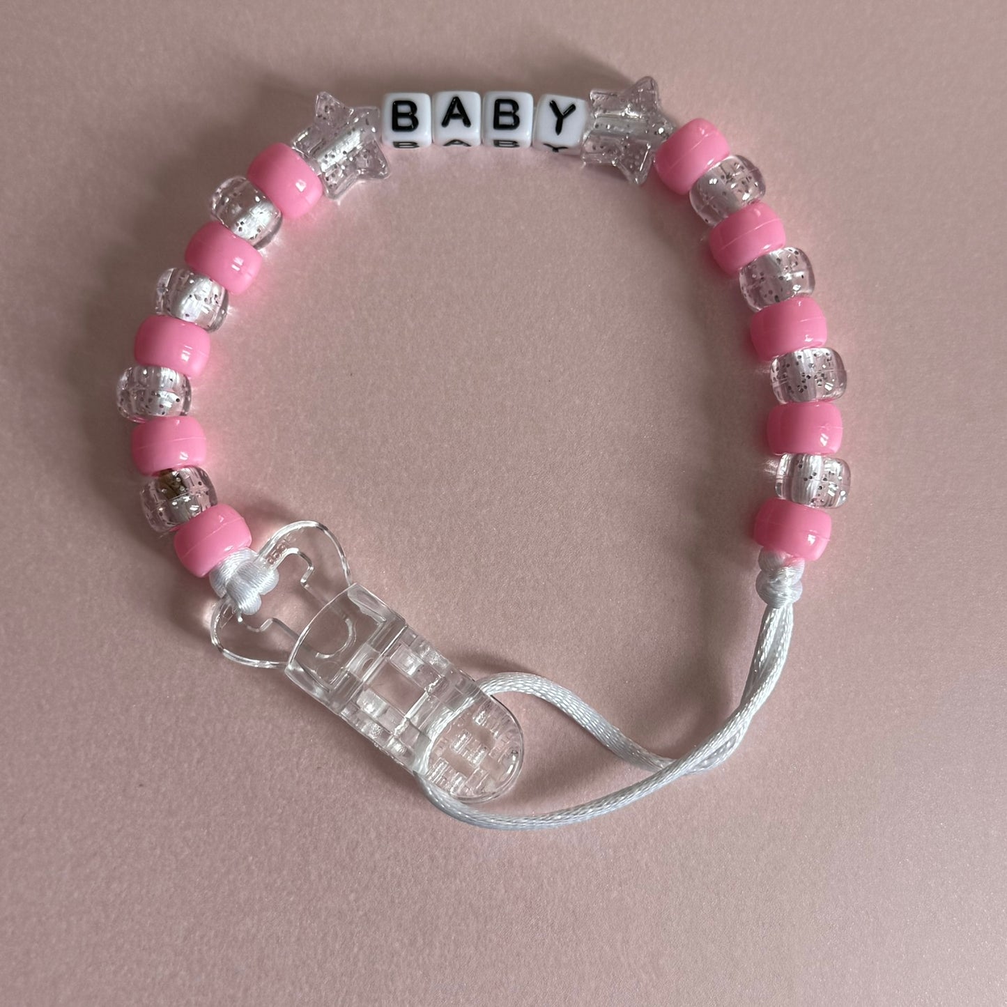 Glitter Stars Pink & Glitter Beads Personalised Reborn Dummy Clip