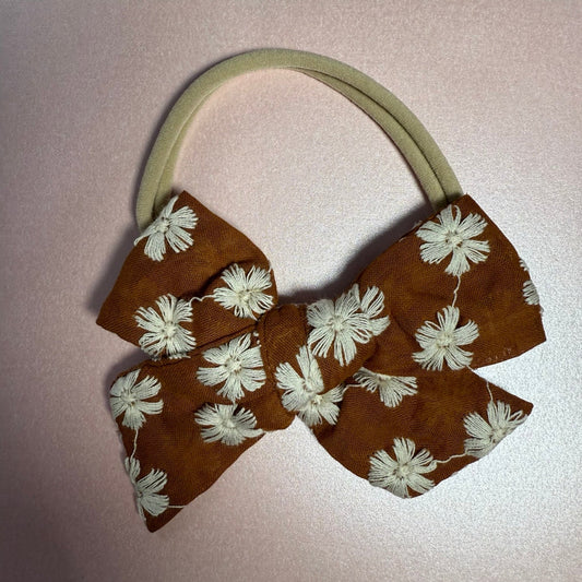 Brown Bow with Embroidery Flowers Baby Headband