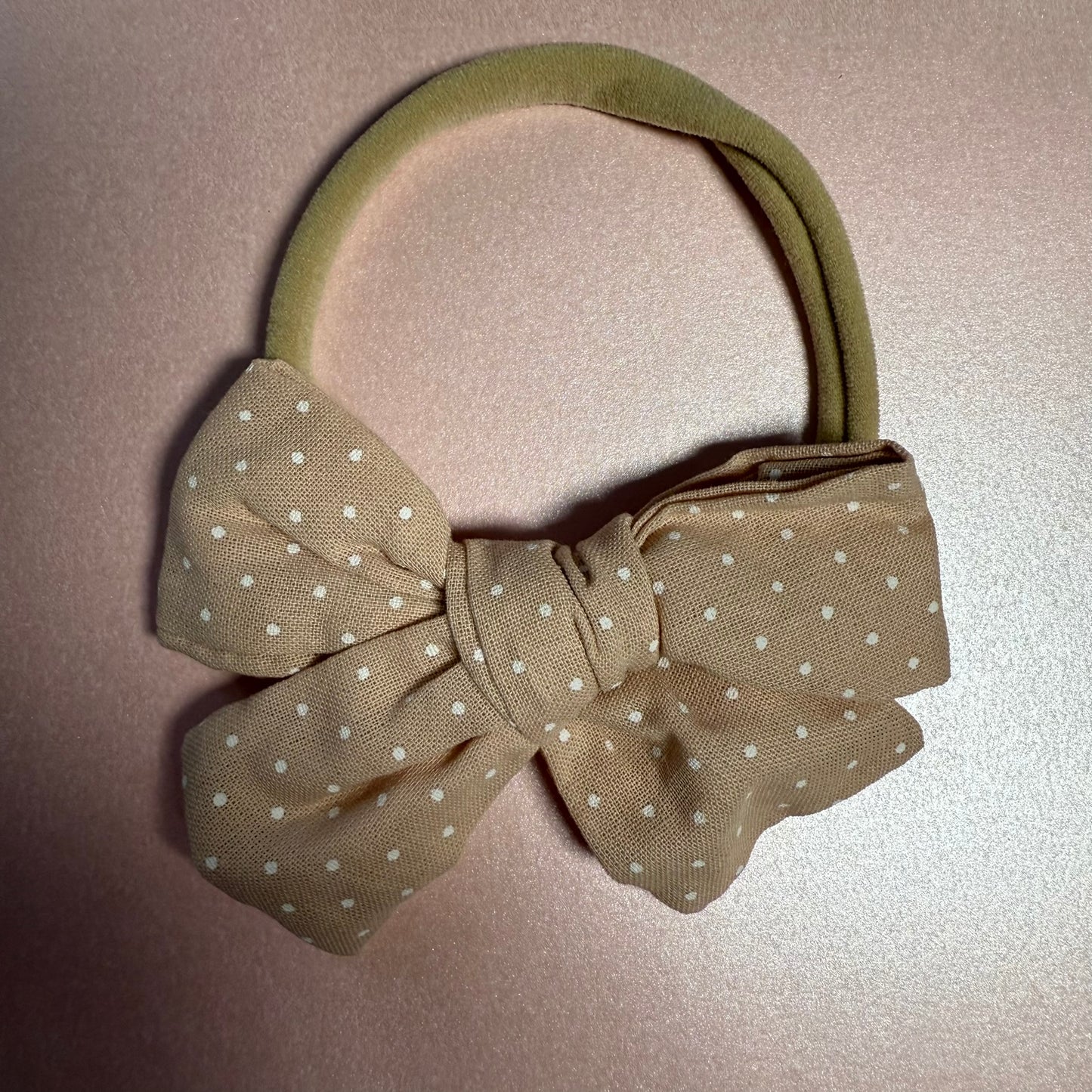 Beige Linen Bow with White Spots Baby Headband