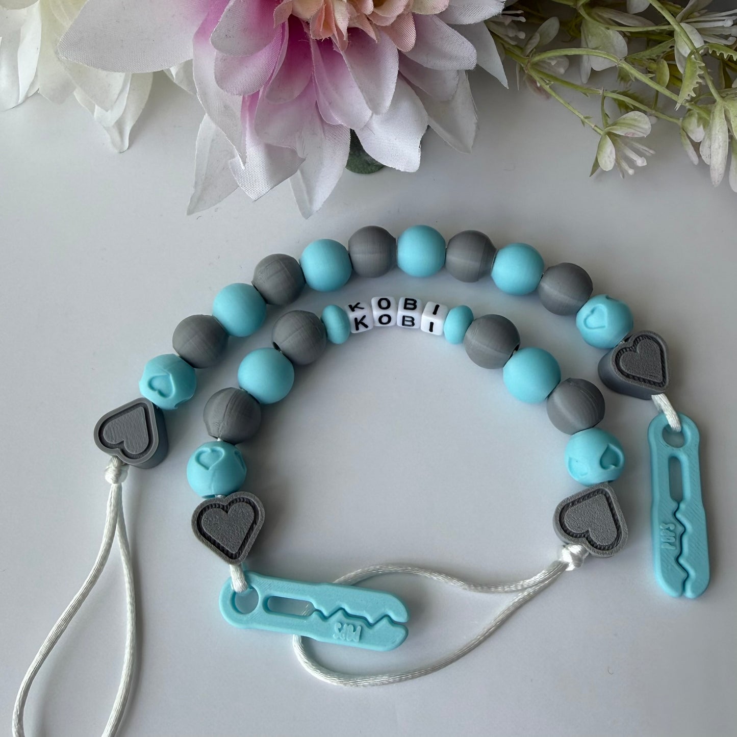 POPS Dummy Clip - Blue & Grey Hearts & Hearts - Can be personalised