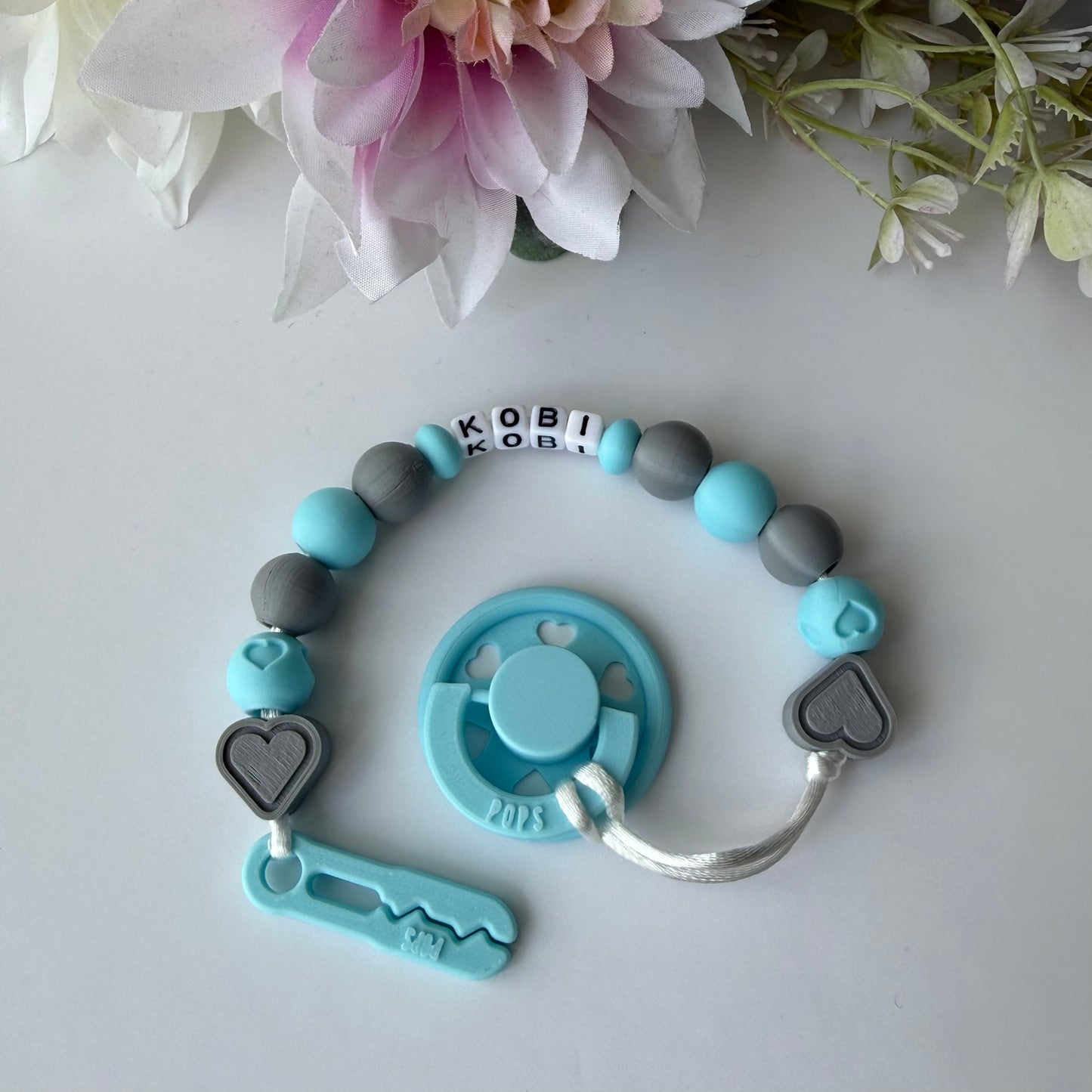 POPS Dummy Clip - Blue & Grey Hearts & Hearts - Can be personalised