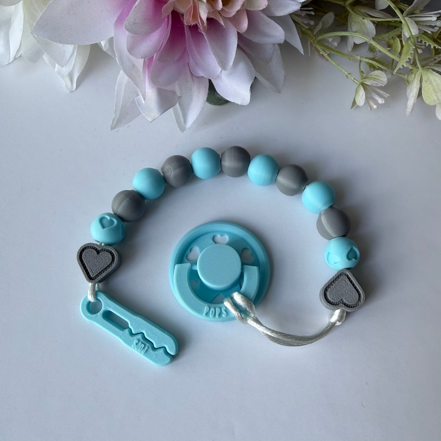 POPS Dummy Clip - Blue & Grey Hearts & Hearts - Can be personalised