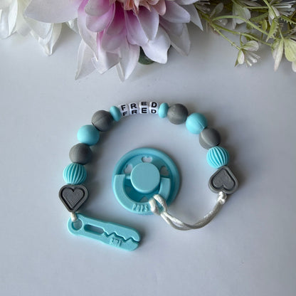 POPS Dummy Clip - Blue & Grey Hearts & Lanterns - Can be personalised